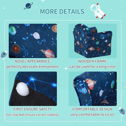 Kids Planet Themed Armchair With Non Slip Feet Wooden Frame Blue