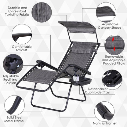 Zero Gravity Garden Deck Folding Chair Texteline Patio Sun Adjustable Lounger Reclining Seat with Cup Holder & Canopy Shade - Grey
