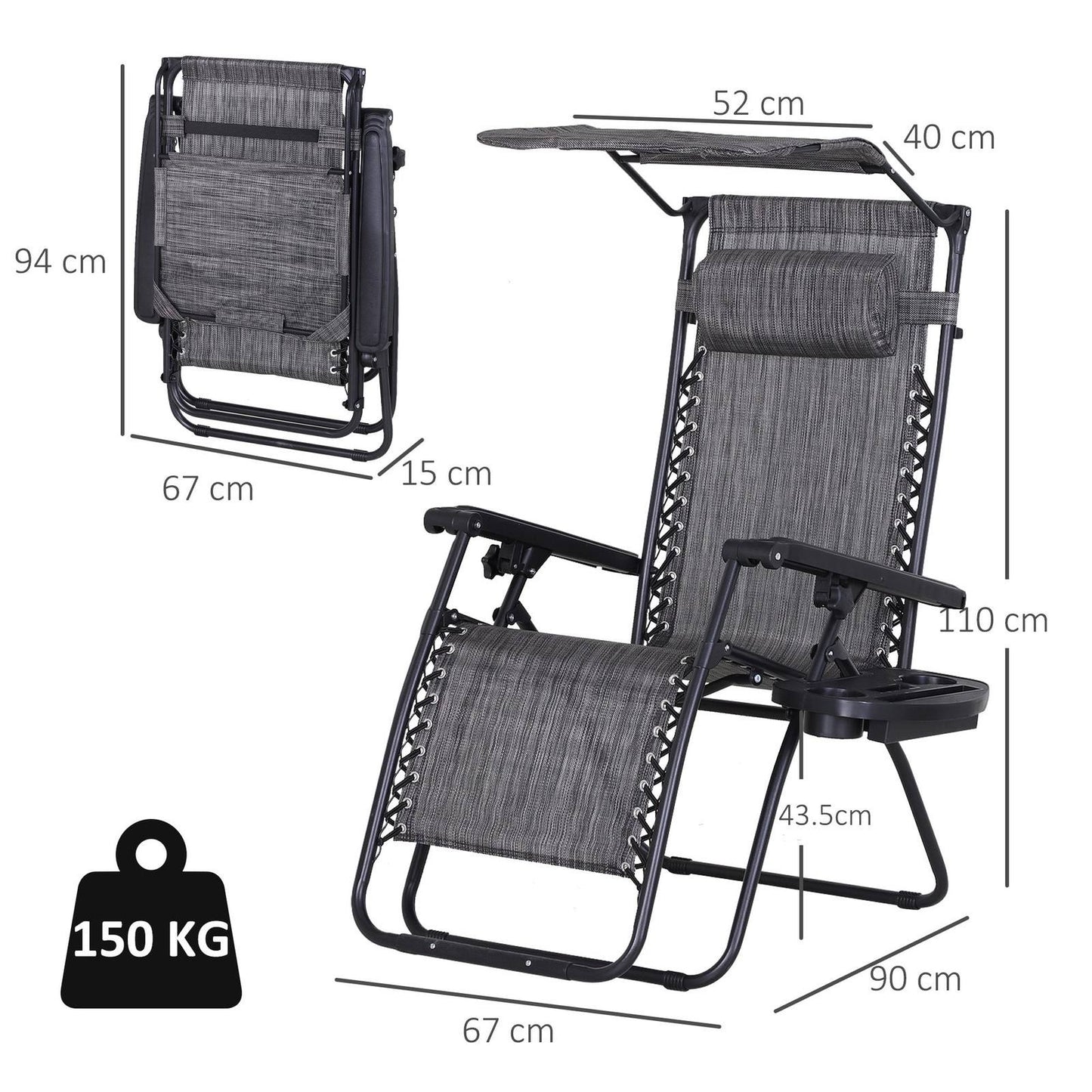 Zero Gravity Garden Deck Folding Chair Texteline Patio Sun Adjustable Lounger Reclining Seat with Cup Holder & Canopy Shade - Grey