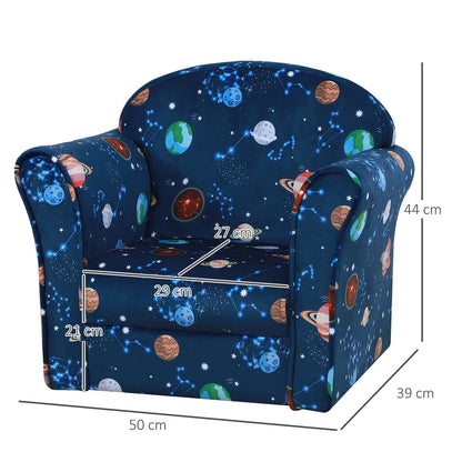 Kids Planet Themed Armchair With Non Slip Feet Wooden Frame Blue