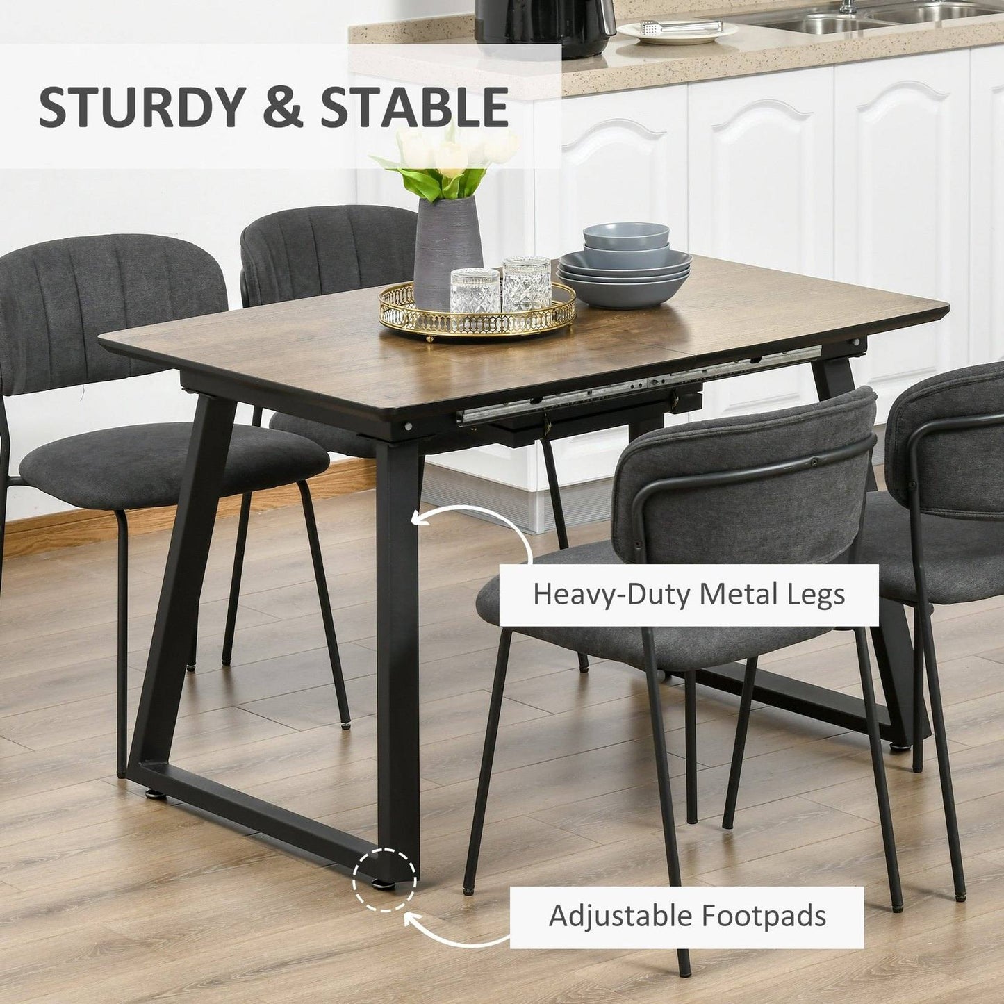 Extendable Dining Table Rectangular Wood Effect Tabletop For 4-6 People With Steel Frame & Hidden Leaves For Kitchen