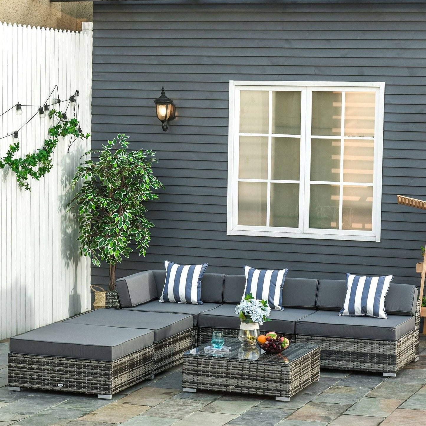 6 PC Rattan Sofa Coffee Table Set Sectional Wicker Weave Furniture for Garden Outdoor Conservatory w/ Pillow Cushion Grey