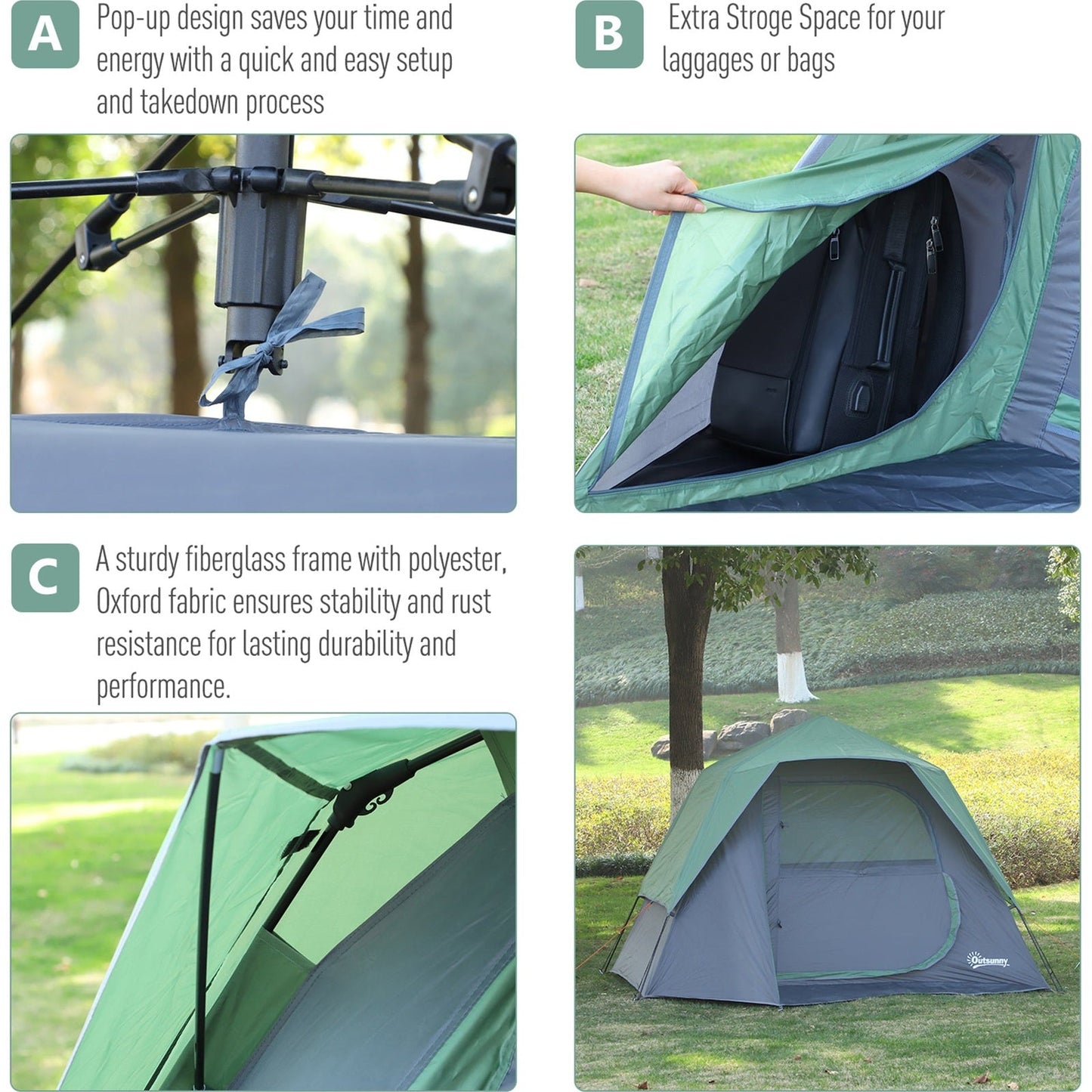 Fibreglass Frame 3/4 Person Lightweight Camping Tent Green