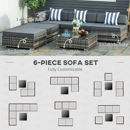 6 PC Rattan Sofa Coffee Table Set Sectional Wicker Weave Furniture for Garden Outdoor Conservatory w/ Pillow Cushion Grey
