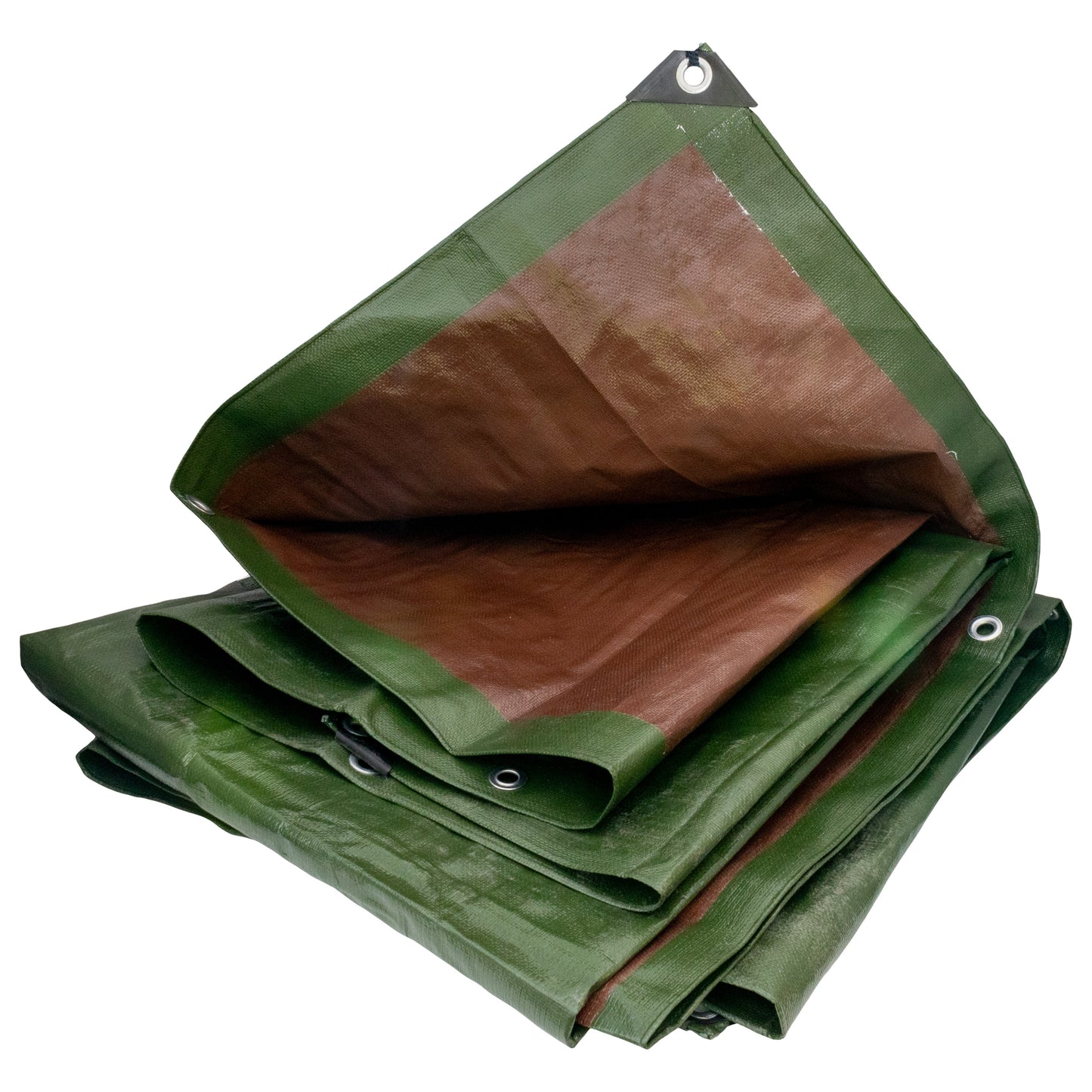Green/Brown L-Grade Tarpaulin with 10m of 6mm Bungee Rope and 10 x Slide Type Tarp Clips