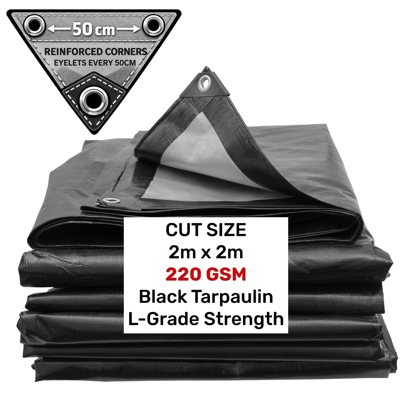 Black/Silver L-Grade Tarpaulin 2m x 2m
