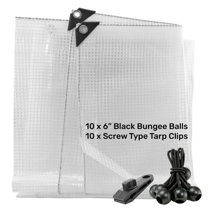 Clear XL-Grade Tarpaulin with 10 x 6" Bungee Balls (Black) and 10 x Screw Type Tarp Clips