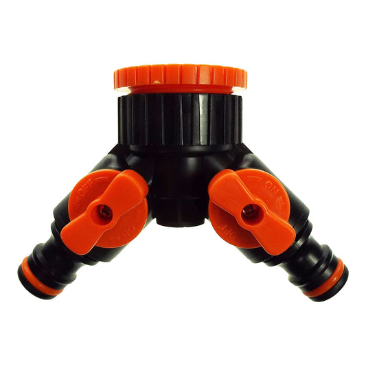 Two Way Tap Splitter Orange/Black with Valves