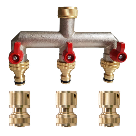 Three Way Tap Splitter Brass 3/4" BSP with Quick Connect and Hose Fittings