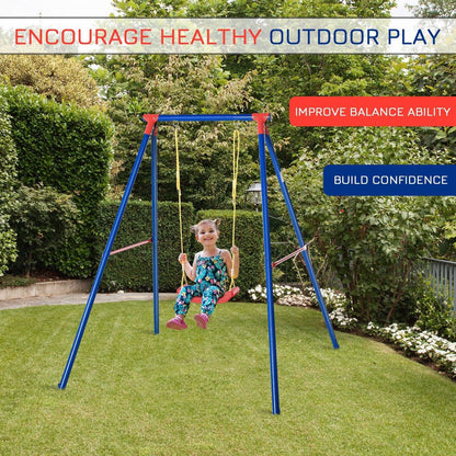 Metal Swing Set With Adjustable Rope Heavy Duty A-Frame Stand Outdoor Playset