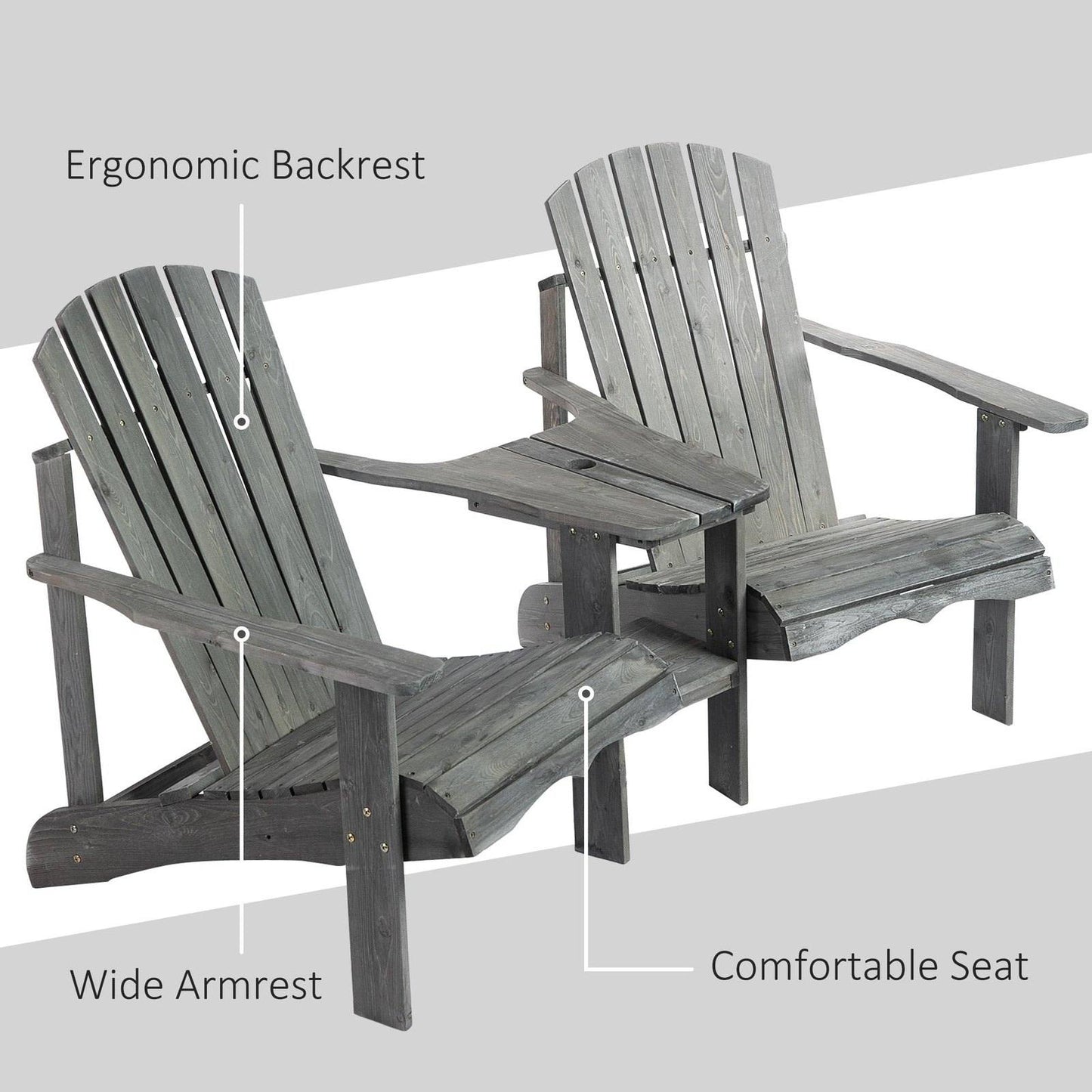 Outsunny Wooden Outdoor Double Adirondack Chairs Loveseat W/ Centre Table And Umbrella Hole
