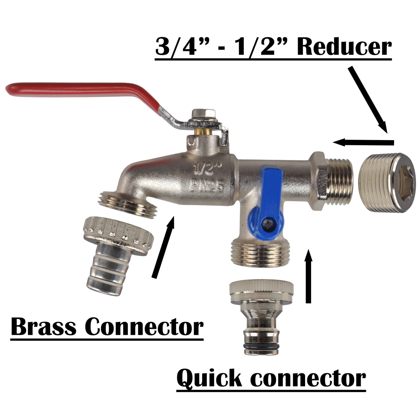 Double Lever Tap Kit with Barb/Quick Connect Outlet, 1/2" and 3/4" BSP Thread Inlet