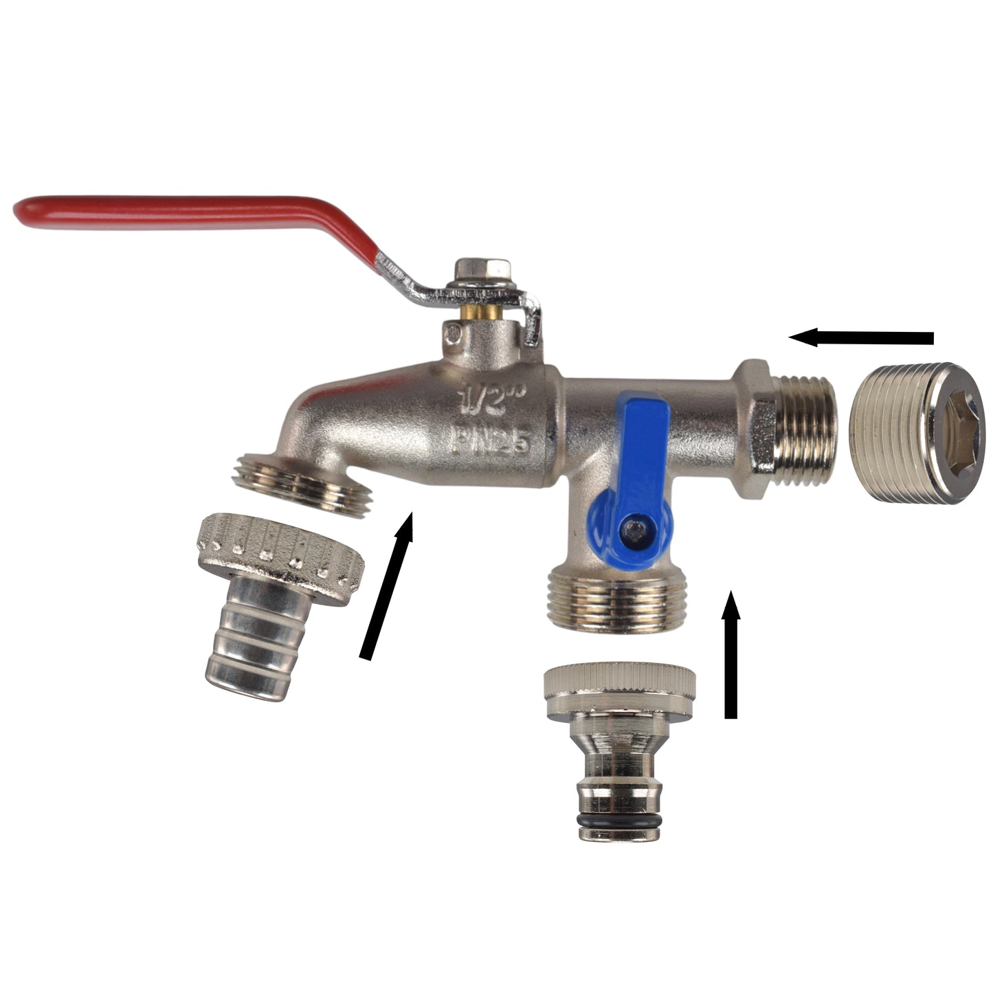 Double Lever Tap Kit with Barb/Quick Connect Outlet, 1/2" and 3/4" BSP Thread Inlet