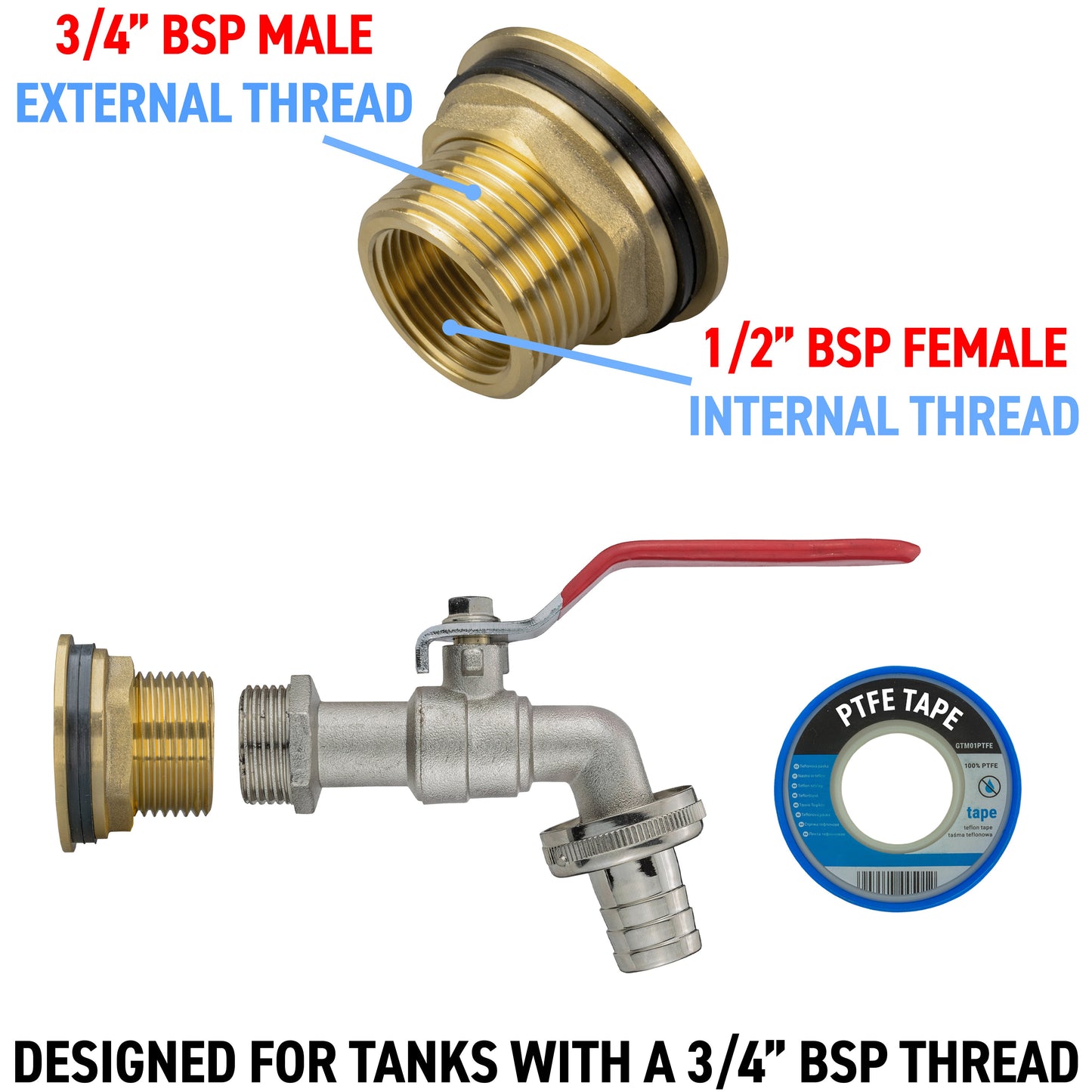 Water Butt Brass Kit 3/4" with Barbed Lever Tap and Drill Bit