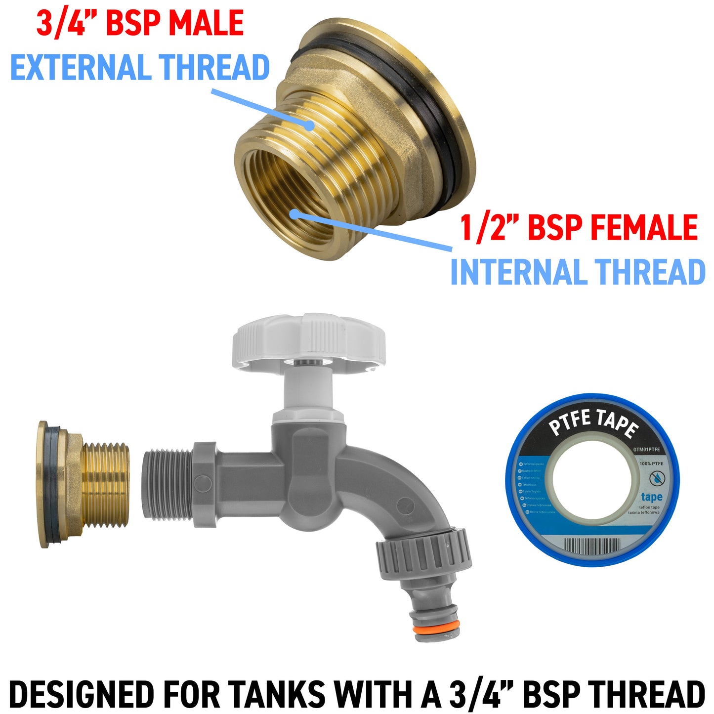 Water Butt Brass Kit 3/4" with Grey Dial Tap and Drill Bit
