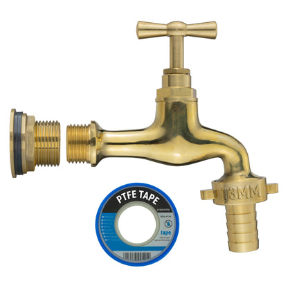 Water Butt Brass Kit 3/4" with 13mm Barbed Polished Brass Tap and Drill Bit