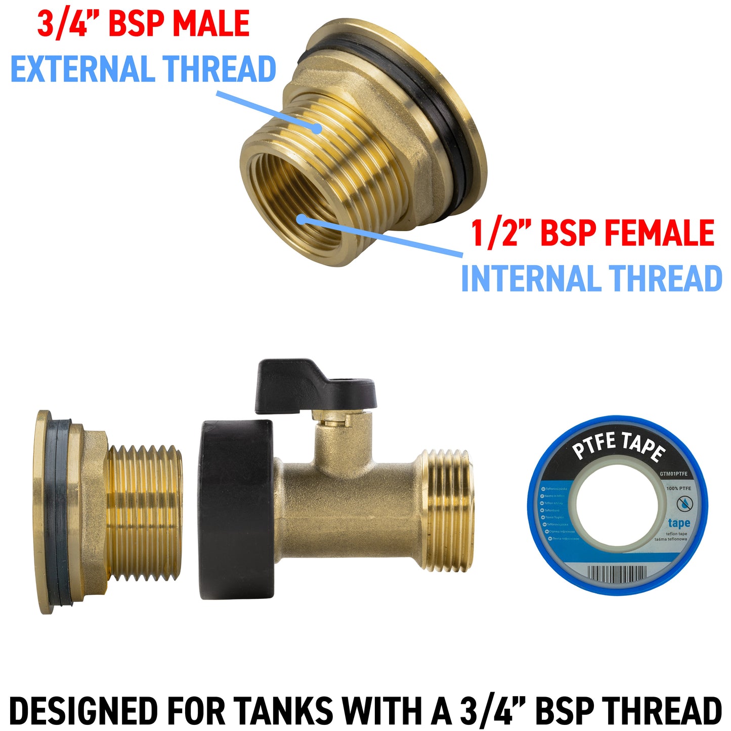 Water Butt Brass Kit 3/4" with Brass Valve and Drill Bit