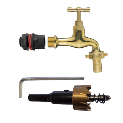 Water Butts Kit 1/2" With Polish Brass Tap 13mm Outlet and Drill Bit