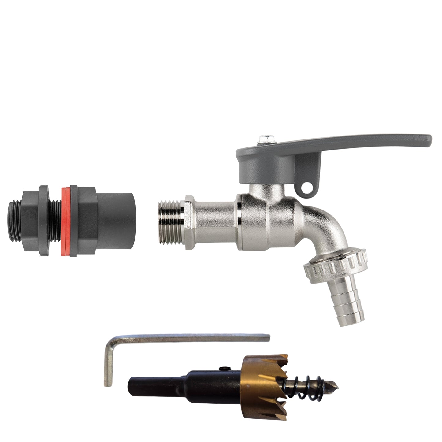 Water Butt Kit 1/2" with Lever Tap Hose Barb and Side Lock and Drill Bit