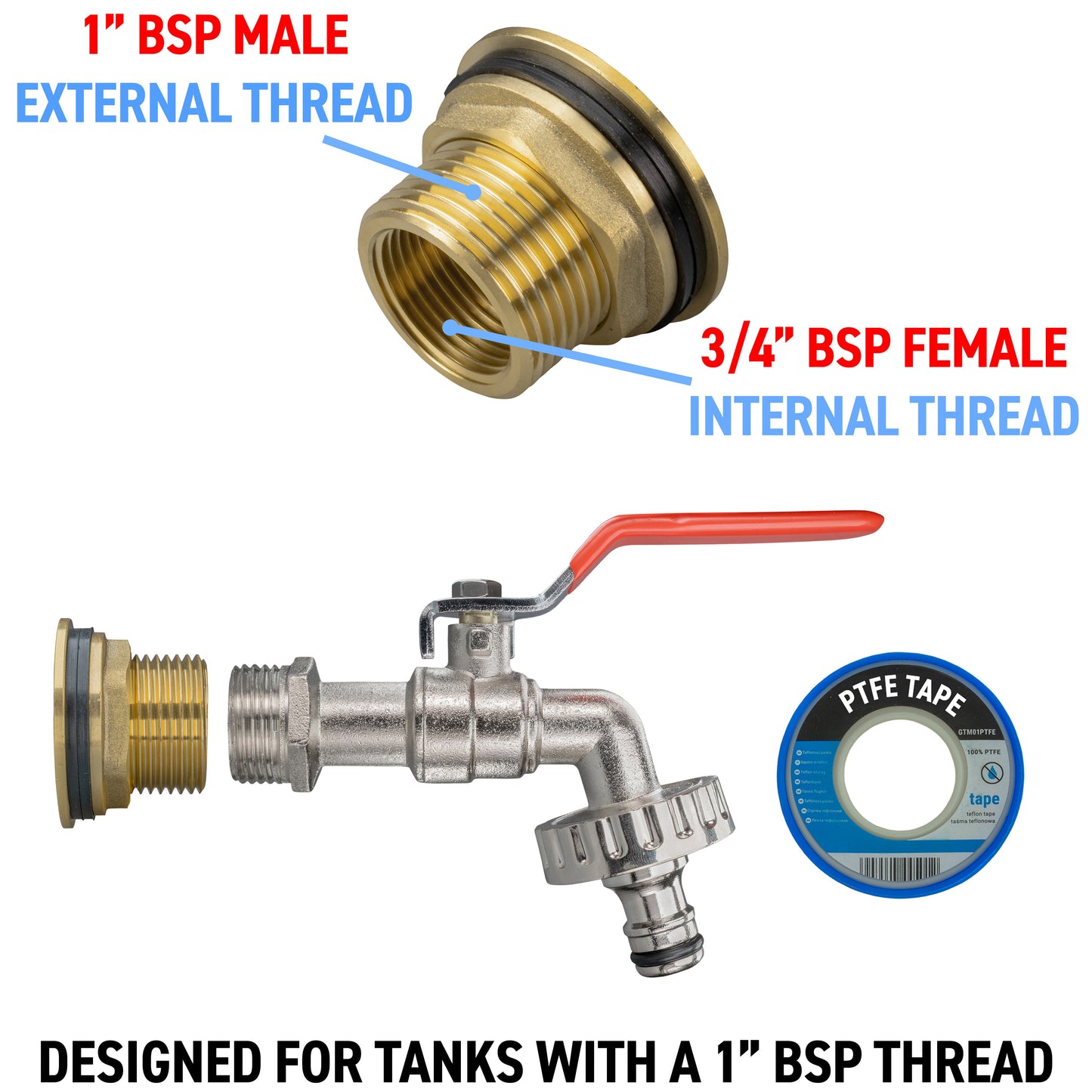 Water Butt Brass Kit 1" with Quick Connect Lever Tap and Drill Bit