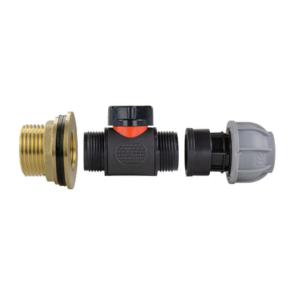 Water Butt Brass Kit 1" with In-Line Valve + 20mm MDPE