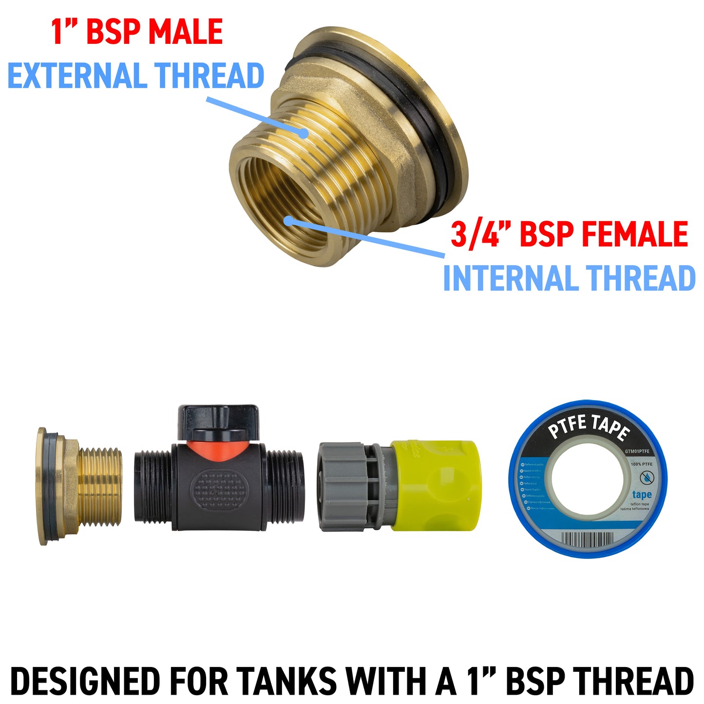 Water Butt Brass Kit 1" with In-Line Valve + Female Quick Connector Lime