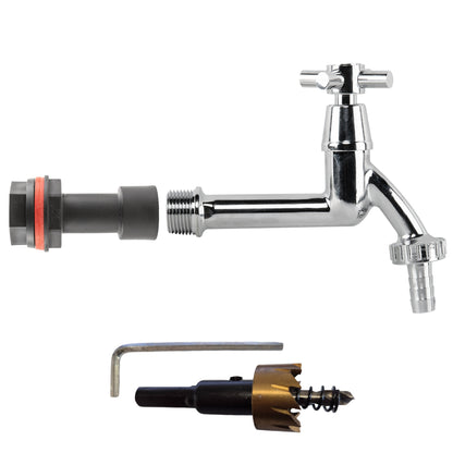 Water Butt Extension Kit 1/2" with Extended Brass Chrome Tap ½” Barb and Drill Bit