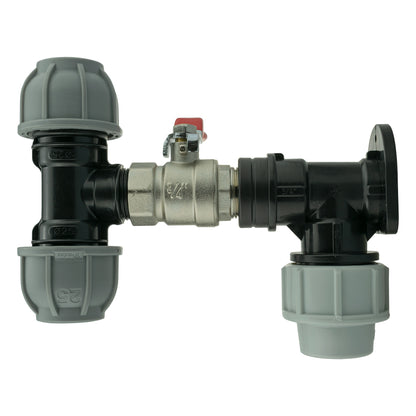 Wall Flange Kit 32mm MDPE + Lever Valve + 25mm MDPE Tee