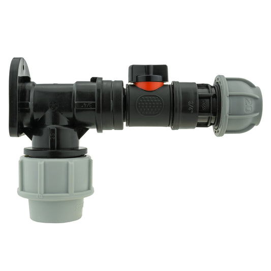 Wall Flange Kit 25mm MDPE + In-Line Valve + 20mm MDPE Joiner