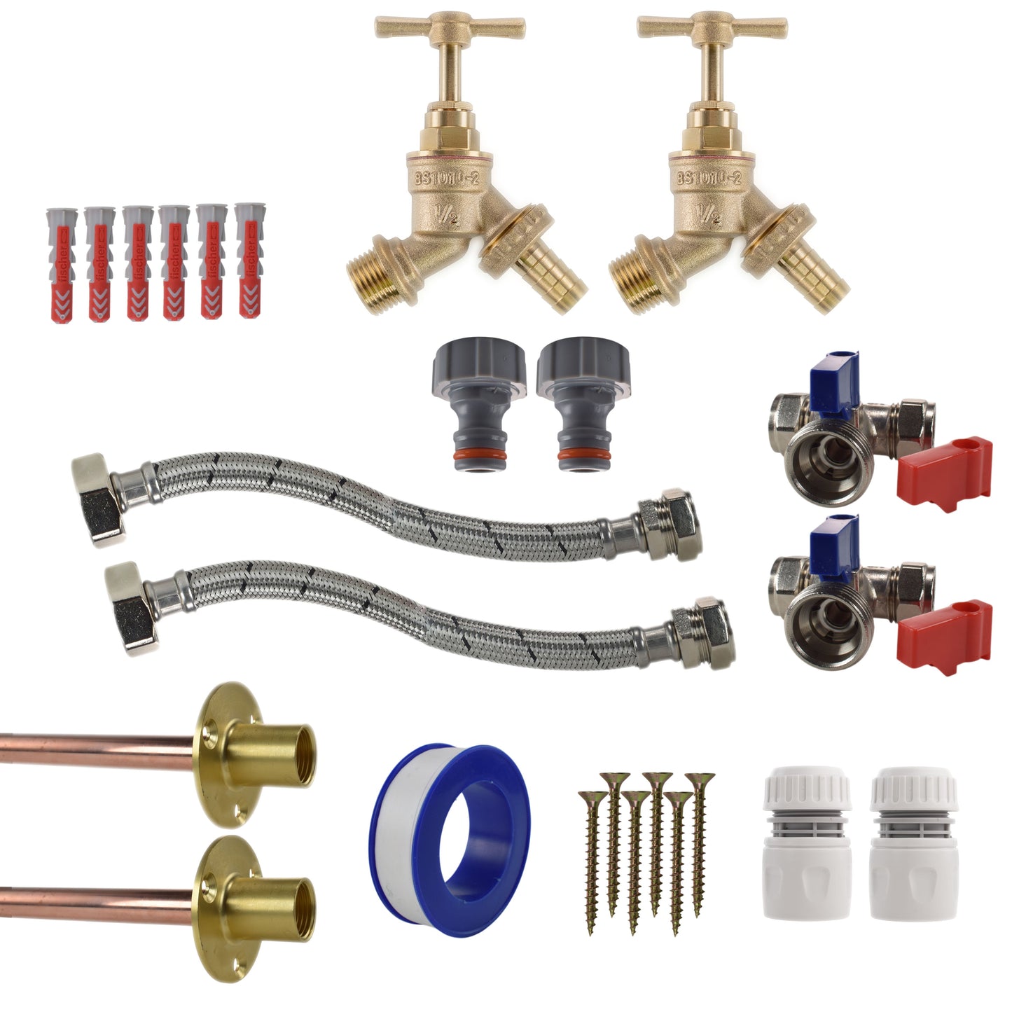 Brass Barbed Bib Tap STANDARD Connection Kit x2