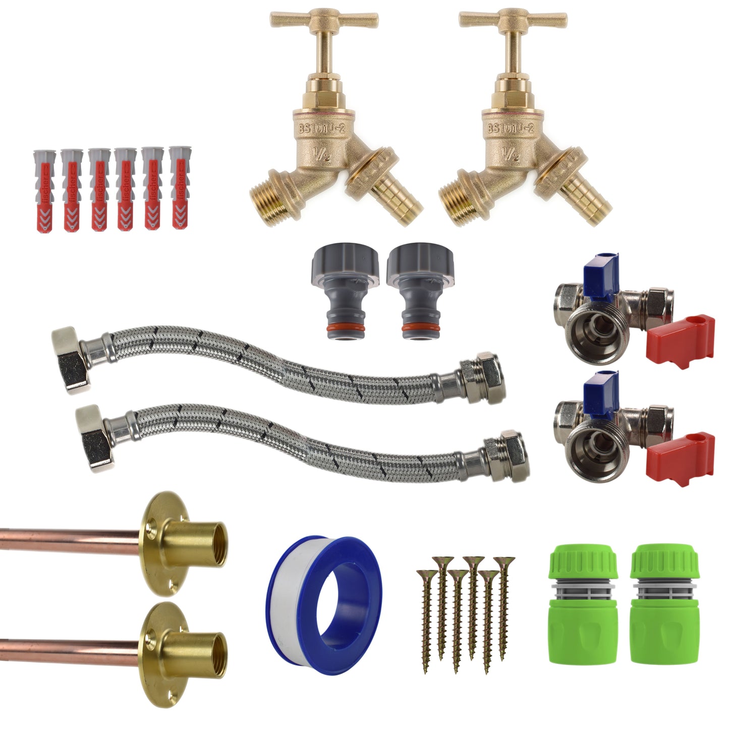 Brass Barbed Bib Tap STANDARD Connection Kit x2