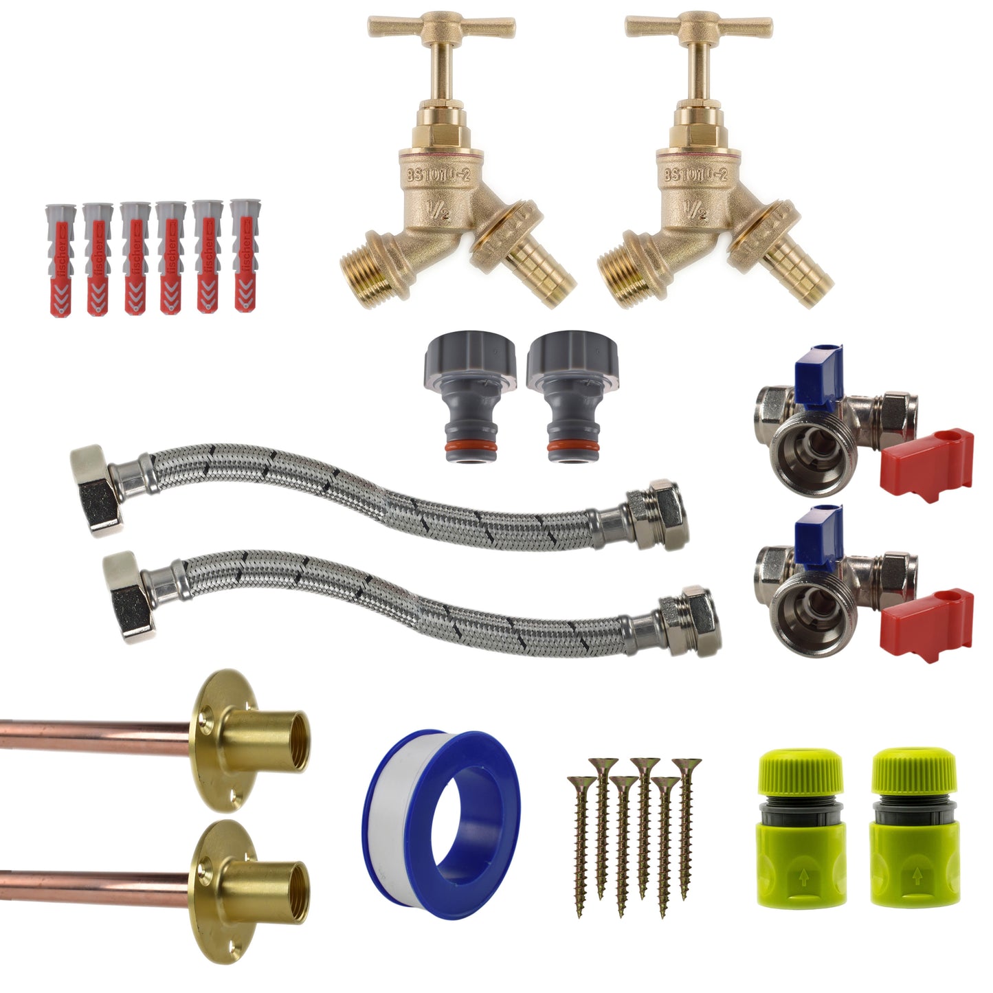Brass Barbed Bib Tap STANDARD Connection Kit x2