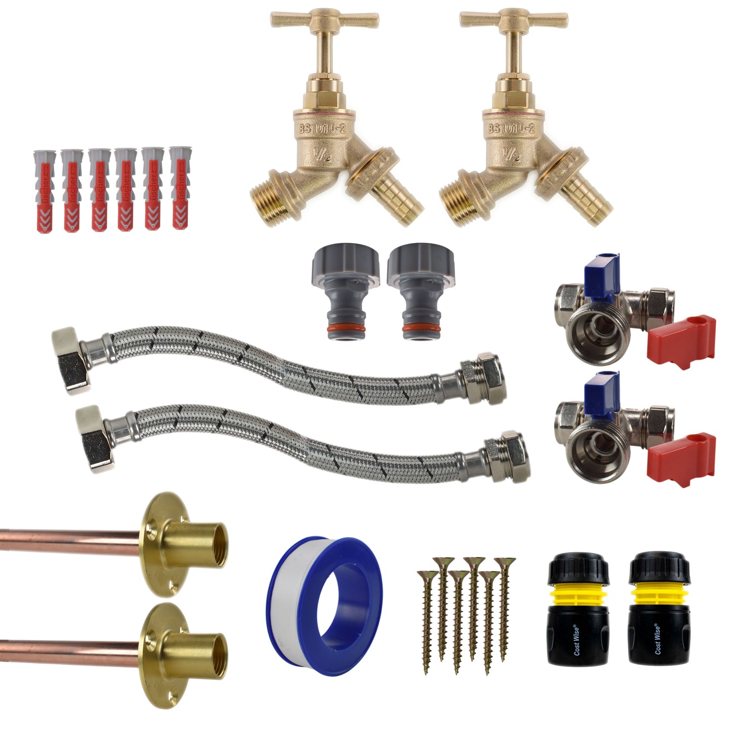 Brass Barbed Bib Tap STANDARD Connection Kit x2