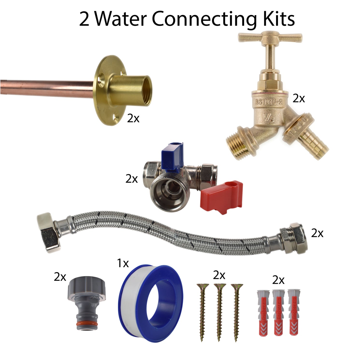 Brass Barbed Bib Tap STANDARD Connection Kit x2