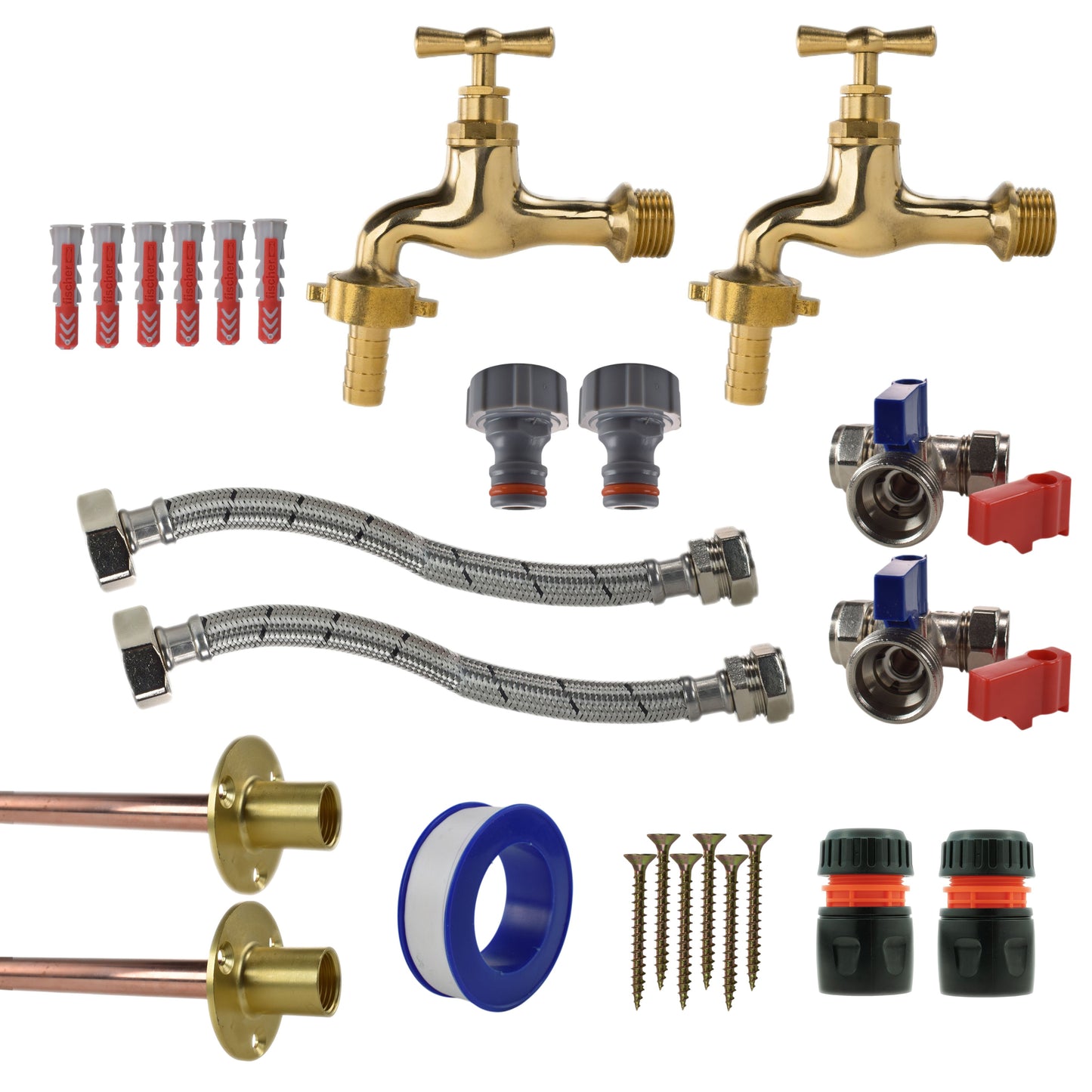 Polished Brass 13mm Barb Tap STANDARD Connection Kit x2