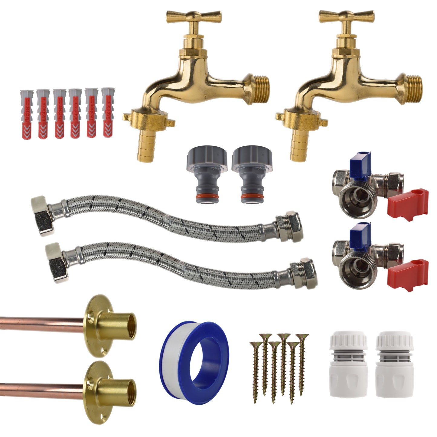 Polished Brass 13mm Barb Tap STANDARD Connection Kit x2