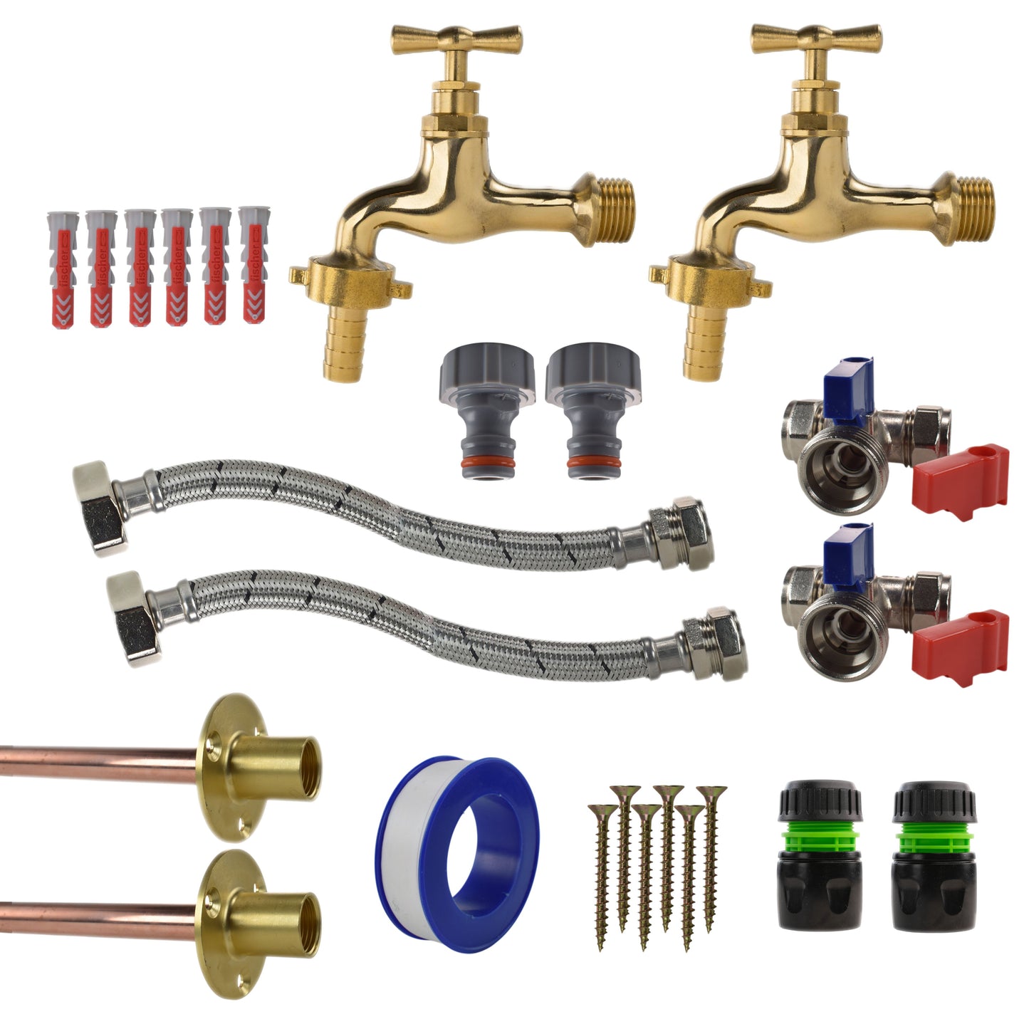 Polished Brass 13mm Barb Tap STANDARD Connection Kit x2