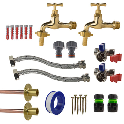 Polished Brass 13mm Barb Tap STANDARD Connection Kit x2