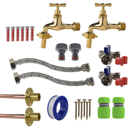 Polished Brass 13mm Barb Tap STANDARD Connection Kit x2