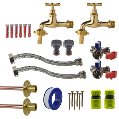 Polished Brass 13mm Barb Tap STANDARD Connection Kit x2