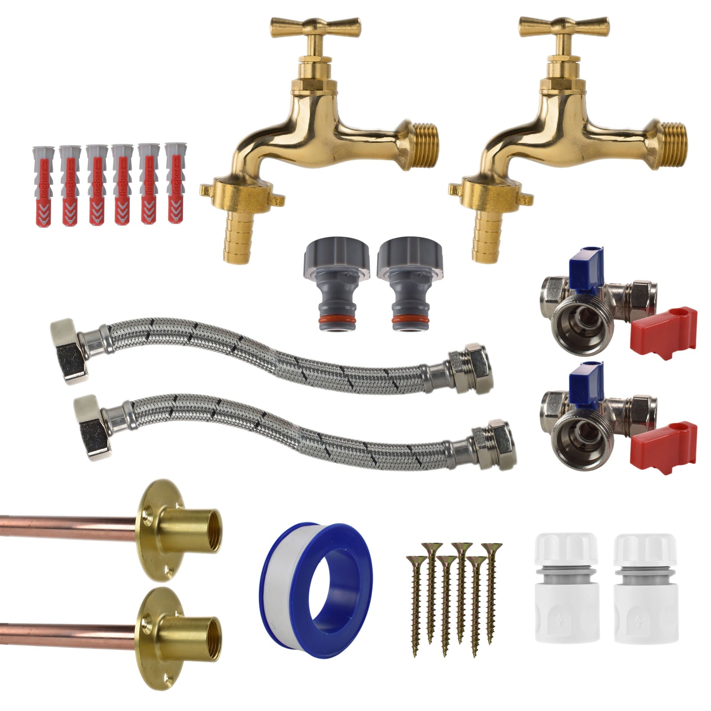 Polished Brass 13mm Barb Tap STANDARD Connection Kit x2