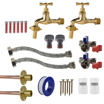 Polished Brass 13mm Barb Tap STANDARD Connection Kit x2