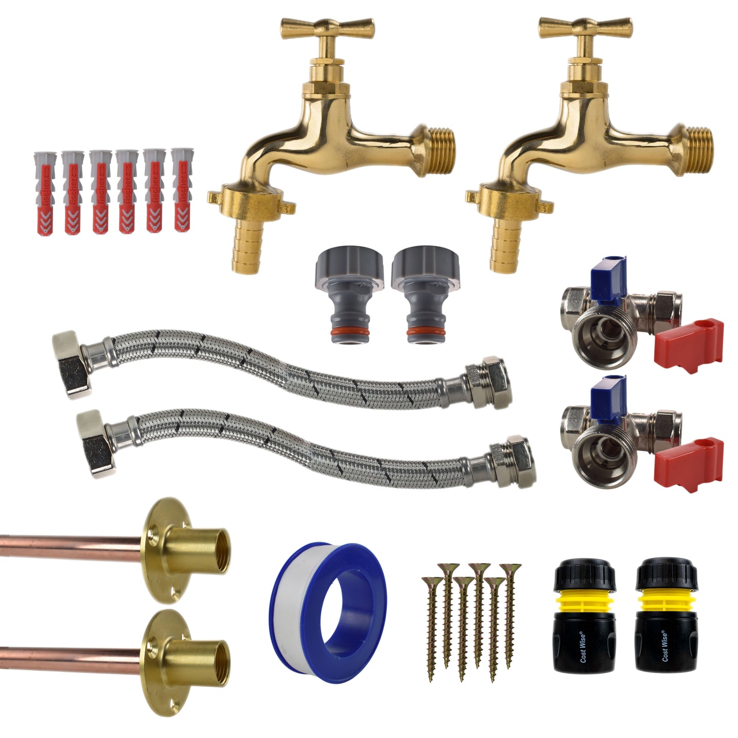 Polished Brass 13mm Barb Tap STANDARD Connection Kit x2