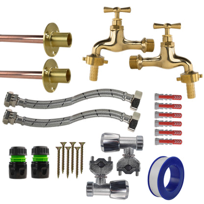 Polished Brass 13mm Barb Tap FULL Connection Kit x2