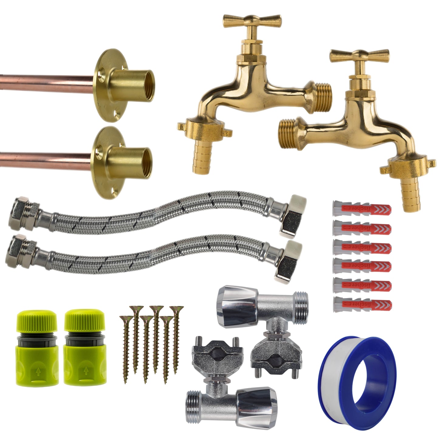 Polished Brass 13mm Barb Tap FULL Connection Kit x2