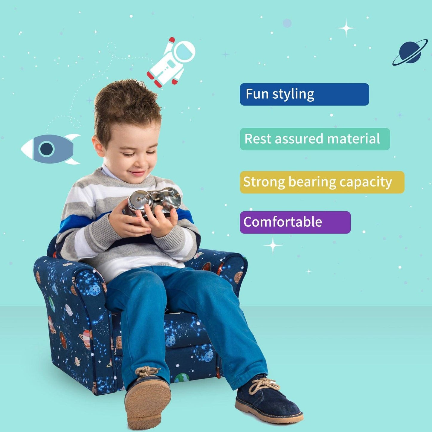 Kids Planet Themed Armchair With Non Slip Feet Wooden Frame Blue