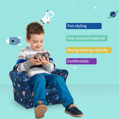 Kids Planet Themed Armchair With Non Slip Feet Wooden Frame Blue