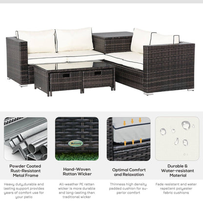 4-Piece Rattan Wicker Garden Furniture Patio Sofa Storage & Table Set w/ 2 Drawers Coffee Table