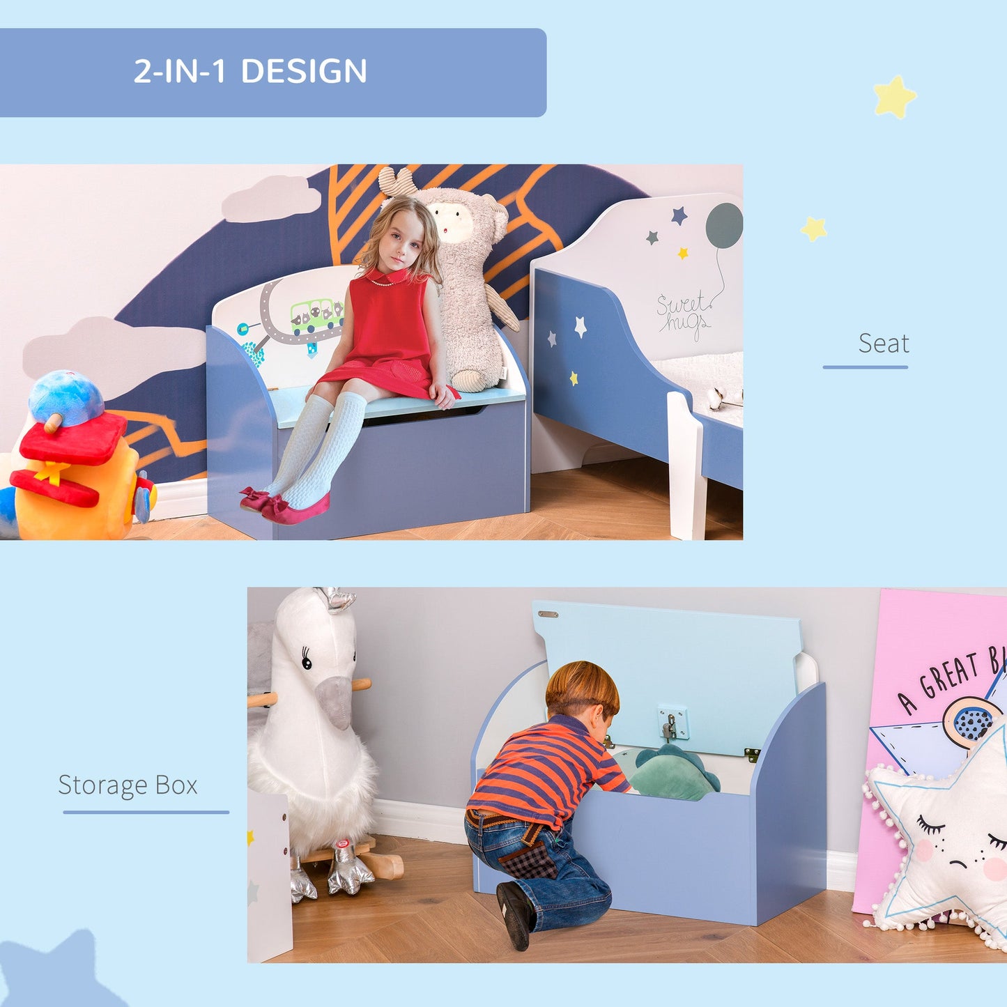 Kids Two-In-One Toy Storage Box and Seat  Blue