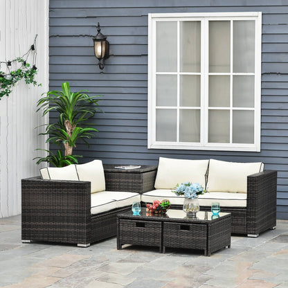 4-Piece Rattan Wicker Garden Furniture Patio Sofa Storage & Table Set w/ 2 Drawers Coffee Table